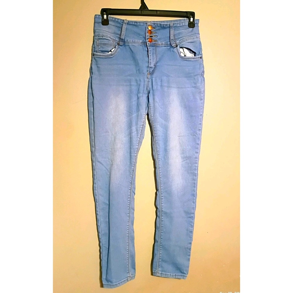 BAMBOO Girls Skinny Jeans Blue Light Wash High Rise Stretch Pockets Sz 16